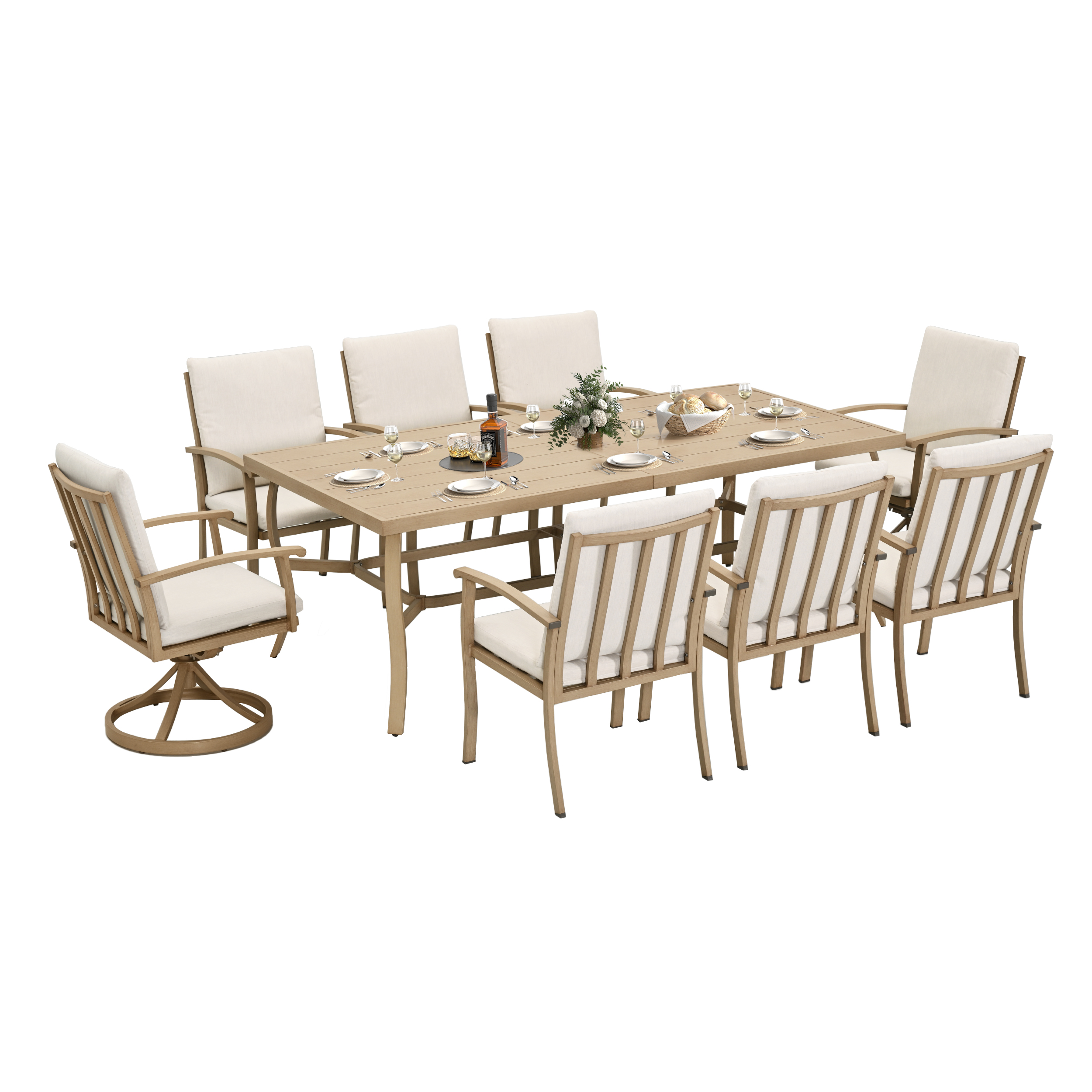 HAPPATIO Aluminum 9 Piece Patio Dining Sets, Outdoor Dining Set for 8, Patio Furniture Sets, 2 Swivel Dining Chairs, 6 Dining Chairs, Aluminum Furniture Set for Patio, Yard (Beige)