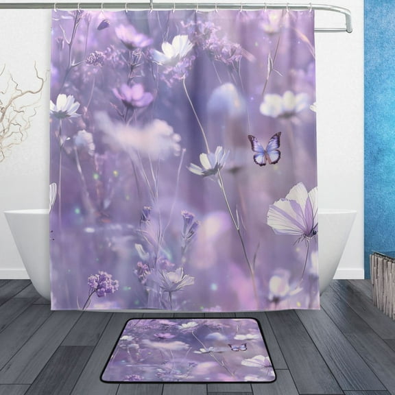Bath Curtain & Non-Slip Bath Mat Set 12-Grommet Shower Curtain Memory Foam Bath Rug Purple and White Field Of Wildflower