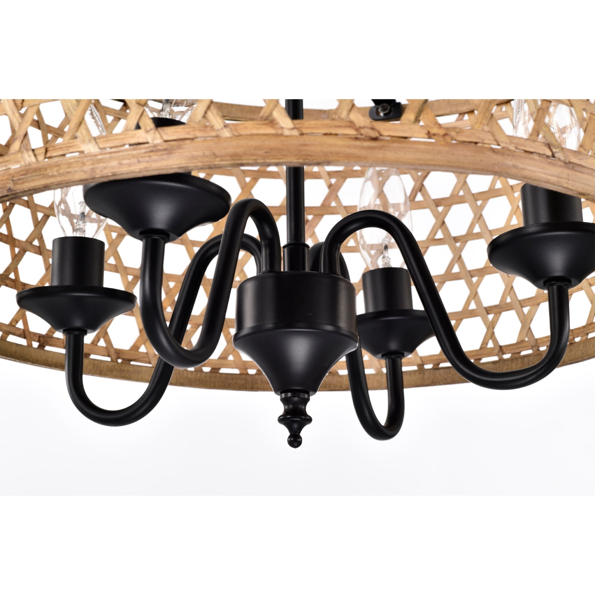 Dora 16 in. 4-Light Indoor Matte Black and Woven Rattan Finish Chandelier with Light Kit