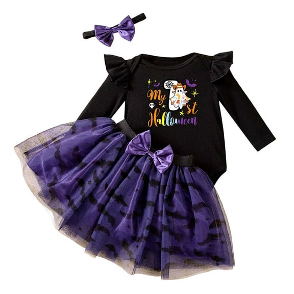 Vividxx Baby Girls Halloween Outfits Sets Long Sleeve Romper Skirt Sets With Hair Accessories Casual Party Dress For Autumn Winter Holiday Solid Color O-Neck Holiday Dailywear