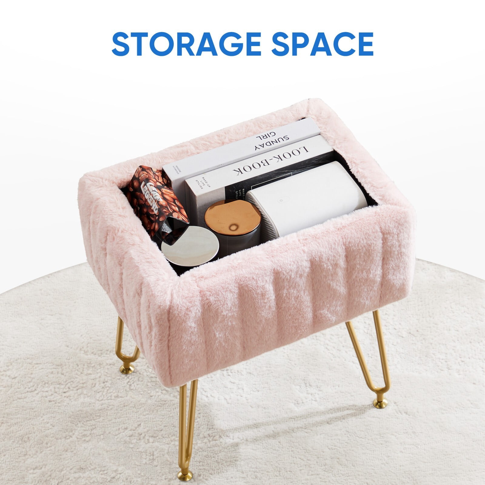 Kelno 18.9" Faux Fur Vanity Stool with Hidden Storage Soft Padded Ottoman Footrest with Metal Legs Antislip Adjustable Feet, Pink