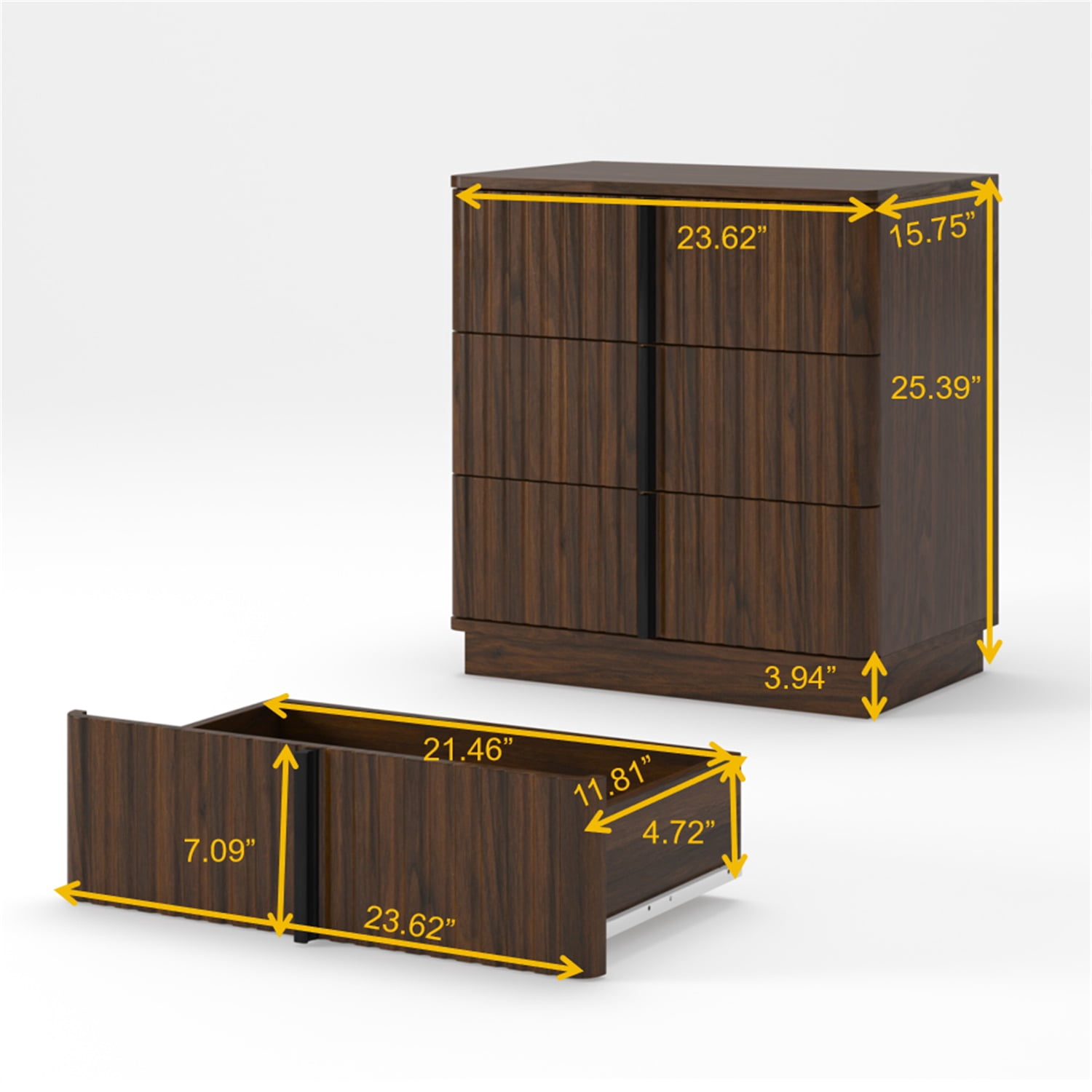 Hommoo Set of 2 Vintage Vertical Stripe 3-Drawer Nightstands, MDF Bedroom Side Tables with Ample Storage, Modern Retro Design for Bedroom, Living Room & Home Office, Walnut