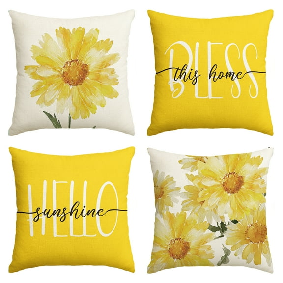 Sm:)e Bless Home Hello Sunshine Floral Spring Throw Pillow Covers Set of 4,18x18 Inch,Yellow
