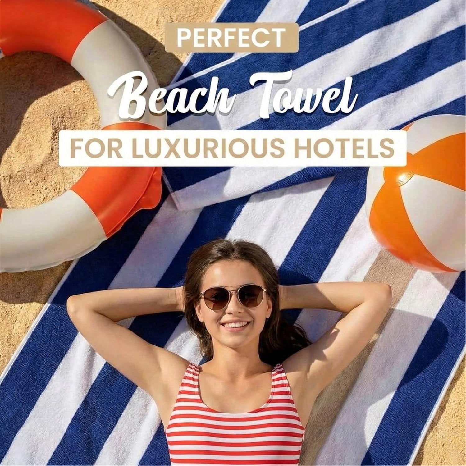 Blue & Beige Cabana Stripe Extra Large Bulk Beach Towels 35x70 (Pack of 24) - 100% Ringspun Cotton Pool Towels - 2 Dozen Wholesale Beach Towels - Highly Absorbent Large Towels for Hotels and Resorts