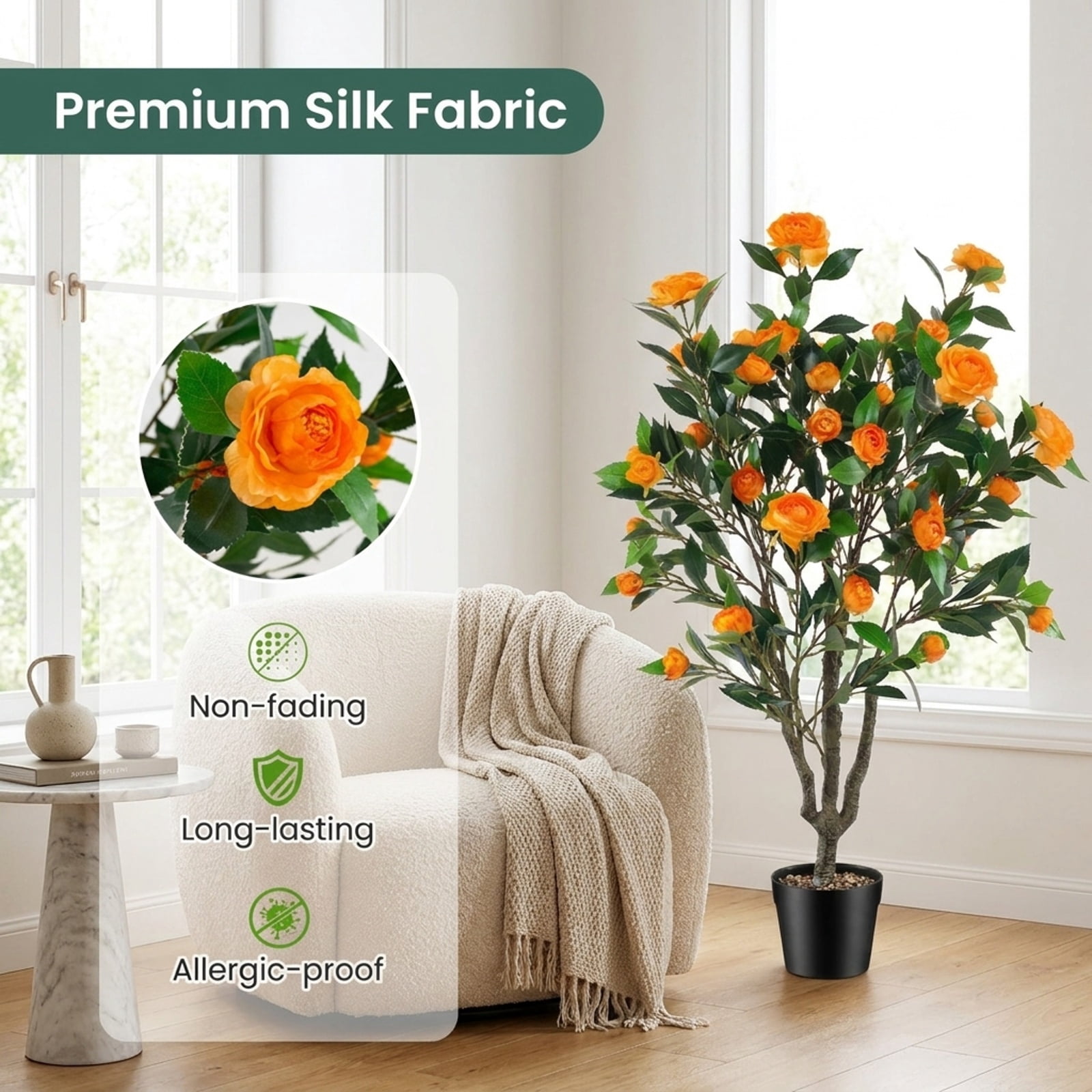 Vebreda 40 in Artificial Camellia Tree 2-Pack, Faux Potted Flowering Plant with 37 Silk Camellias, River Stones, and Cement-Filled Pot, Indoor Home Office Decor, Green