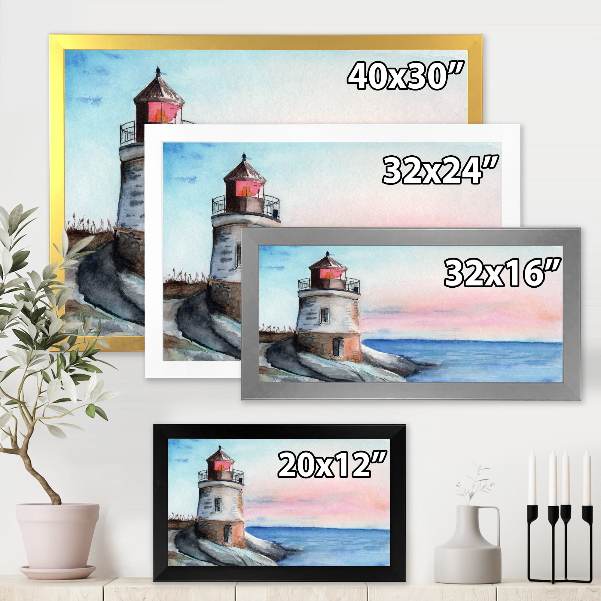 Designart 'A Lighthouse On A Rock Shore At Dawn' Nautical & Coastal Framed Art Print