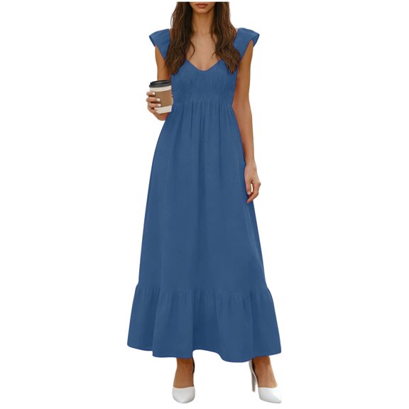 IROINNID Wedding Guest Dresses for Women Fashion Casual Comfortable Sleeveless V-Neck Fold Solid Dress