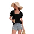 thumbnail image 2 of Women's 2-Pack Casual Loose T-Shirts Square Neck Ruffle Puff Sleeve Short Sleeve Summer Tops Black/pinkstripe, 2 of 7
