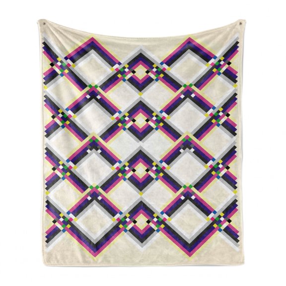 Abstract Soft Flannel Fleece Throw Blanket, Geometric Digital Pattern Square and Diamond Shaped Linked Print, Cozy Plush for Indoor and Outdoor Use, 70" x 90", Magenta Cream Purple, by Ambesonne