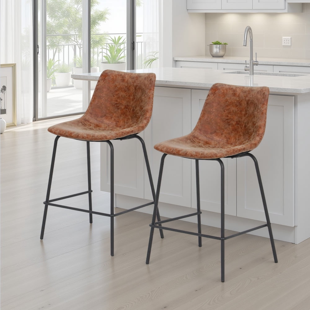 Abble 24 inch Bar Stools Set of 2, Faux Leather Upholstered Low Back Kitchen Counter Height Stools with Sled Base, Floor-Scratch Protection,  Camel