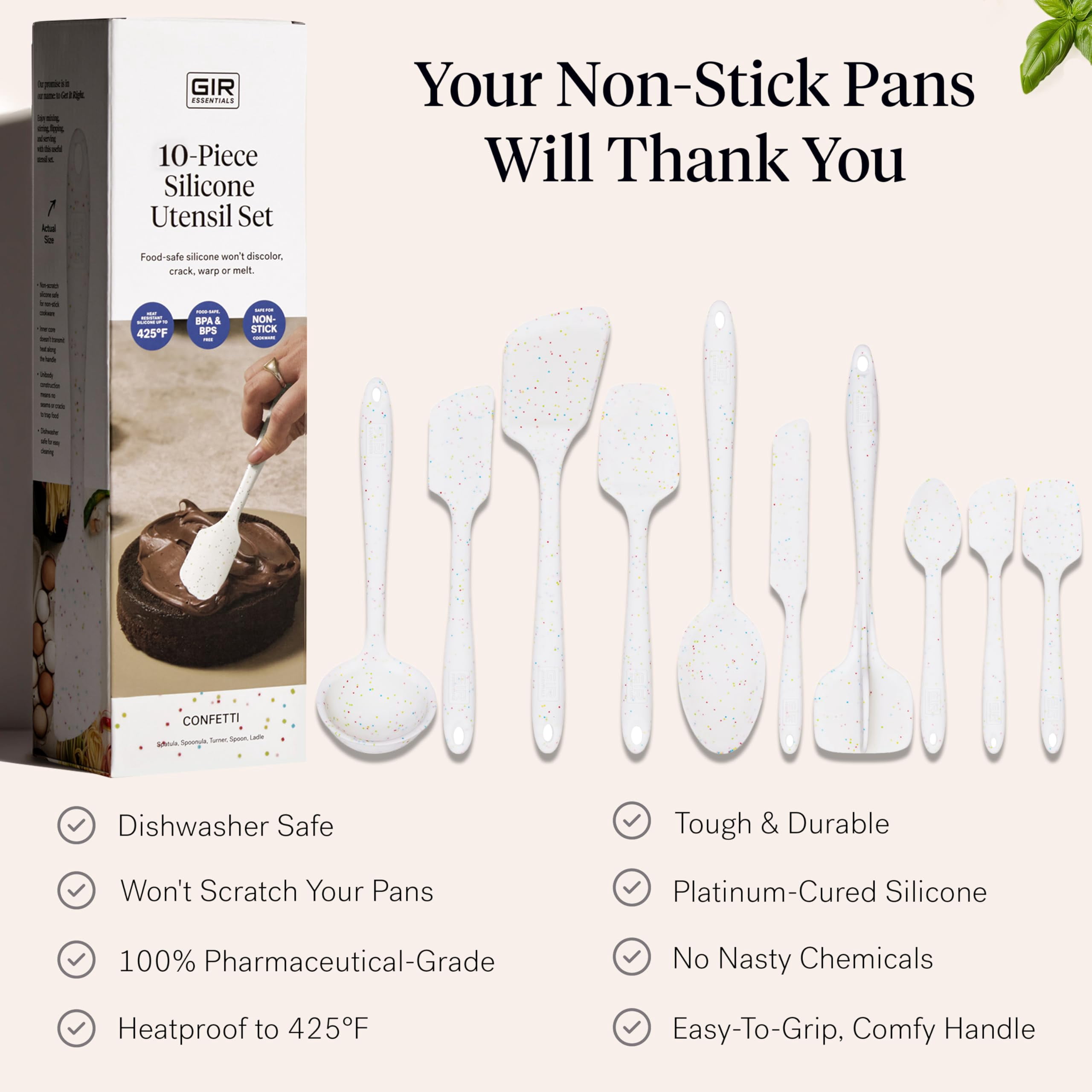 GIR Get It Right 10 Piece Essentials Silicone Cooking Utensils Set Nonstick 425°F Heat Resistant Kitchen Utensils Set for Cooking and Baking, Confetti