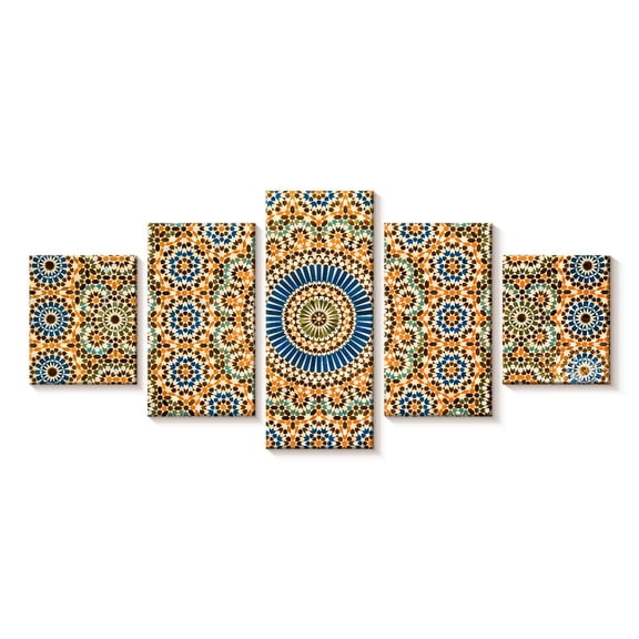 Elephant Stock Moroccan Ceramic Tile Abstract Wall Art - Horizontal Multi Panel Canvas - Living Room Wall Decor - Decor Elements Multi Panel - Orange And Blue Decor - 29" x 12"