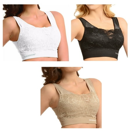 

Shop LC SANKOM Set of 3 Black Beige White Support Posture Soft Lace Bra S/M