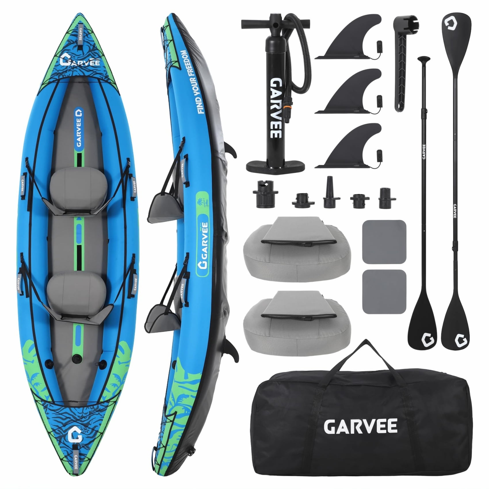 AIKKYS 2 Person Inflatable Kayak,12.5FT Fishing Kayak for Adults,Portable Touring Kayak with Padded Seats,3 Fins,Hand Pump,Carry Bag,450 LBS Capacity,Blue