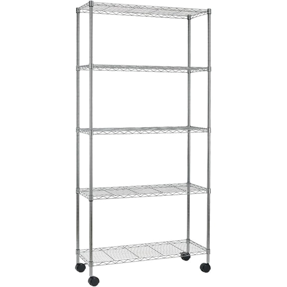 5-Shelf Adjustable Heavy Duty Storage Shelf Unit with Wheels, Metal Organizer Wire Rack, Chrome