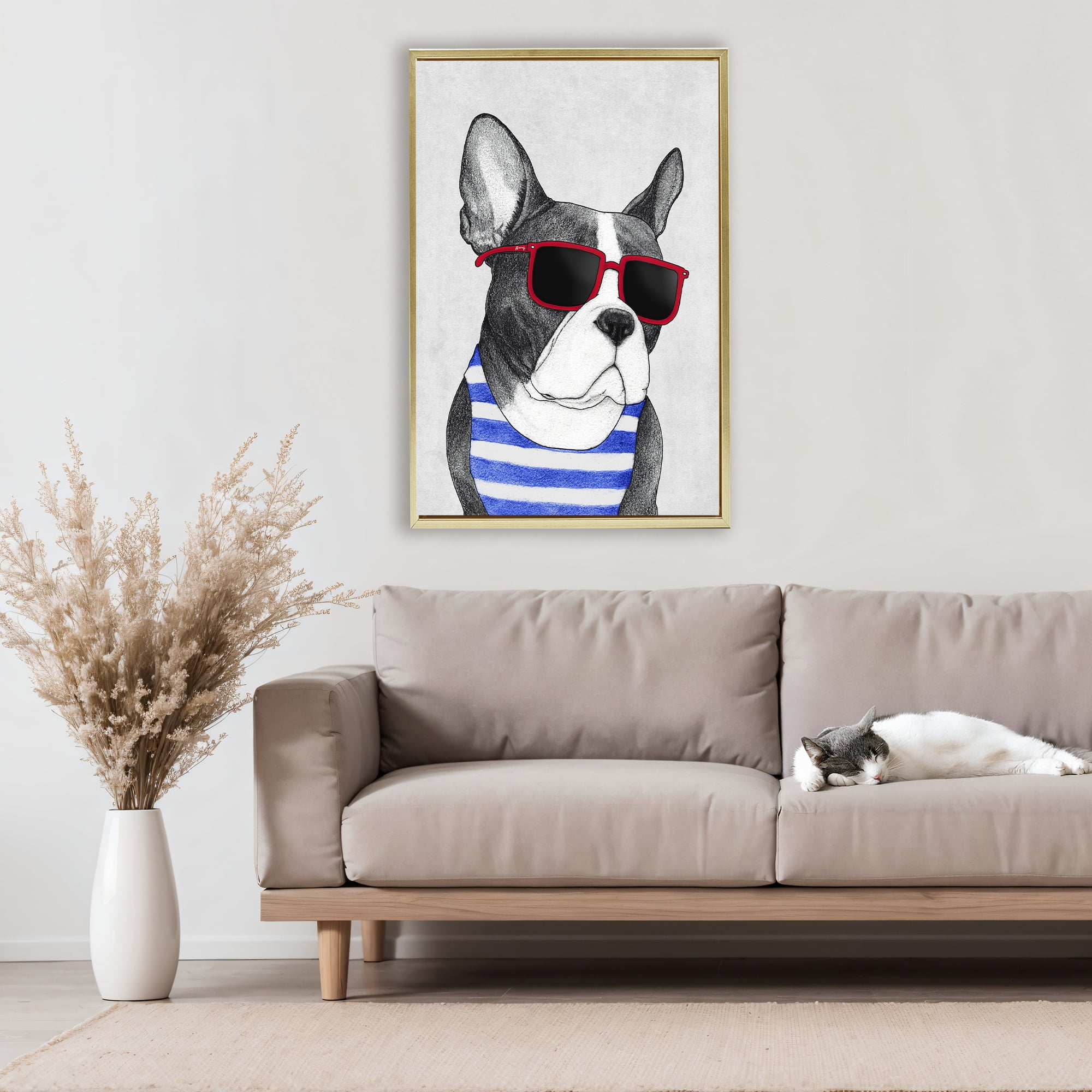Stupell Industries Frenchie Summer Style Gold Framed Floater Canvas Wall Art, design by Barruff