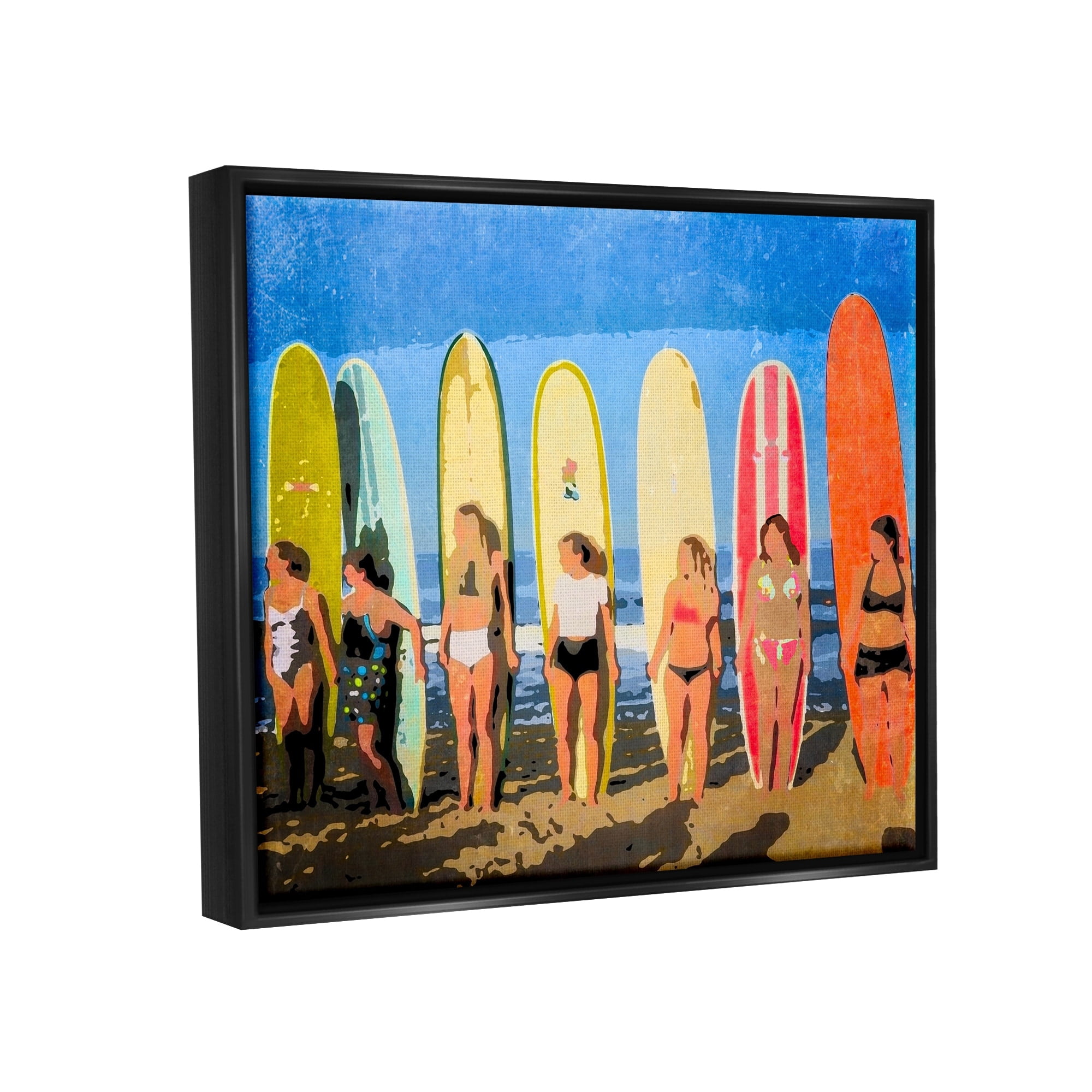Stupell Industries Modern Pop Style Women Surfing Ocean Sports Graphic Art Jet Black Floating Framed Canvas Print Wall Art, Design by Graffitee Studios