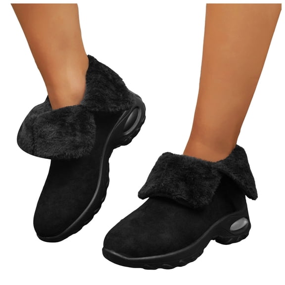 Snow Boots for Women Leopard Print Suede Slip on Ankle Booties Winter Sneakers with Air Cushion Comfy Furry Lined Arch Support Outdoor Walking Shoes Black Size 6