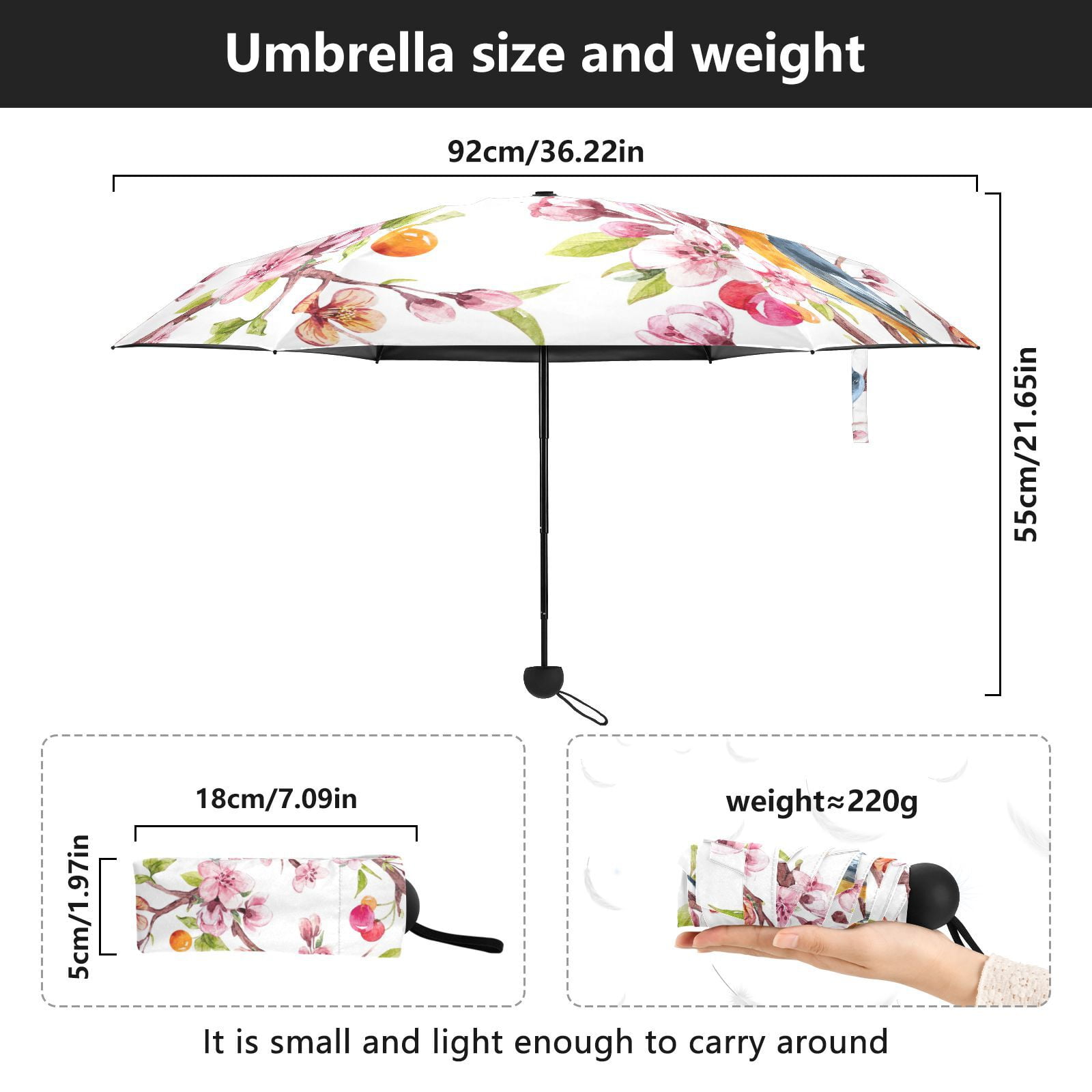 JSTEL Pink Cherry Blossom Bird Floral Folding Umbrella for Rain Sun Travel Mini Lightweight Compact Umbrellas