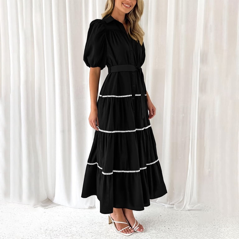 Aobny Blmnix Short Sleeve Dresses for Women Modest Black Summer Long Solid Pleated Ruffle Peasant Trendy Skirts, Women's, Size: Aobny Blmnix Short Sleeve Dresses for Women Modest Black Summer Long Solid Pleated Ruffle Peasant Trendy Skirts, Women's, Size: