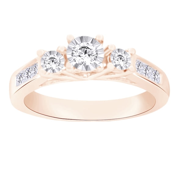 AFFY (0.4 cttw) Round Shape White Natural Diamond Three Stone Engagement Ring In 10k Rose Gold Ring Size-4