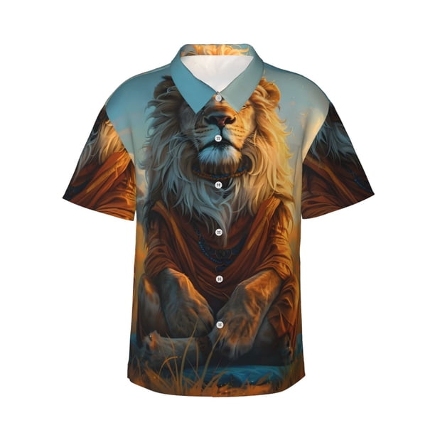 Balery Prairie Meditating Lion Camisas hawaianas de manga corta para hombre, camisas playeras de corte holgado, camisas de vacaciones con botones,XX-Large
