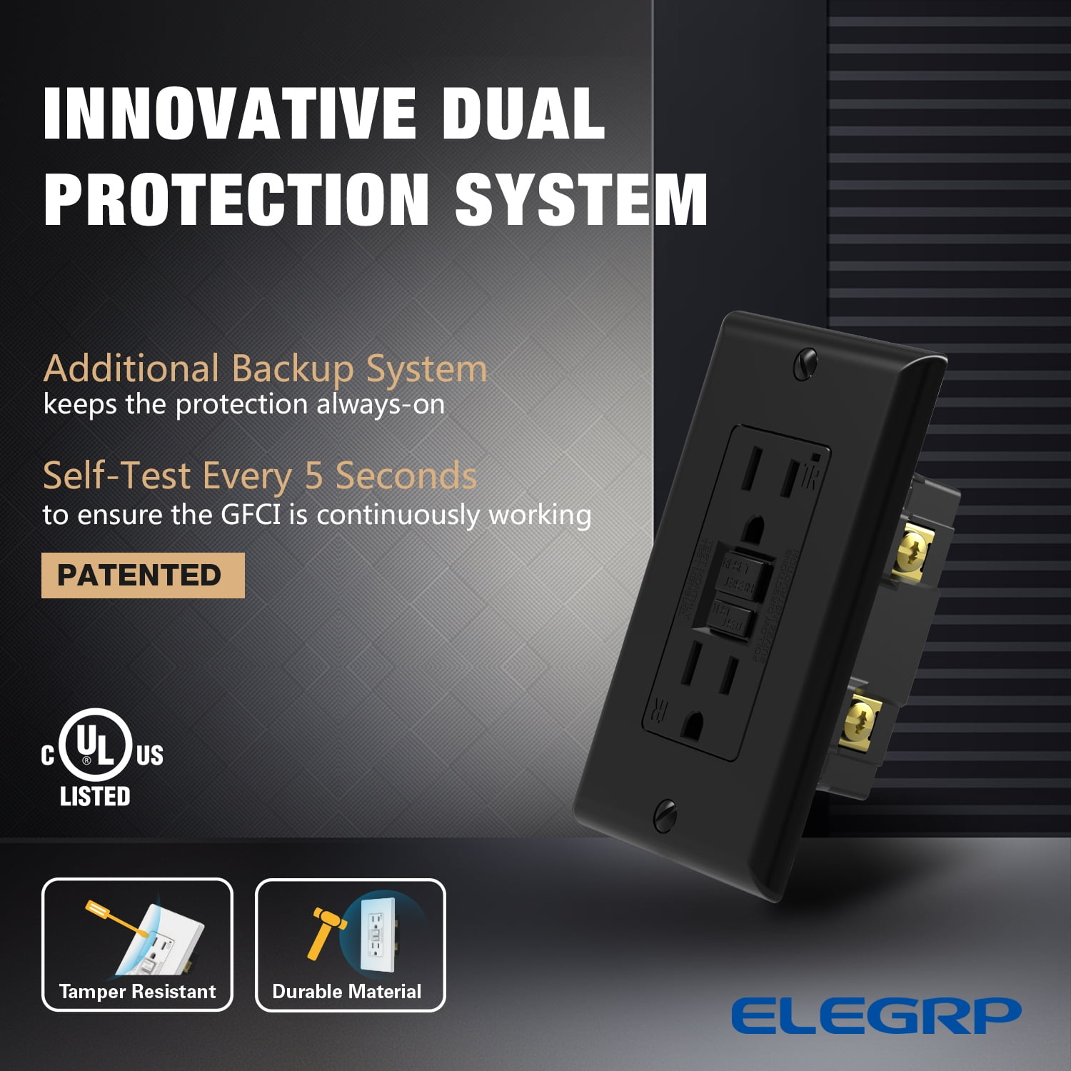 ELEGRP GFCI Outlet 15 Amp, Self-Test GFI Electrical Outlet with Thinner Design, TR Tamper Resistant GFCI Receptacle, Ground Fault Circuit Interrupters with Wall Plate, UL Listed, Black