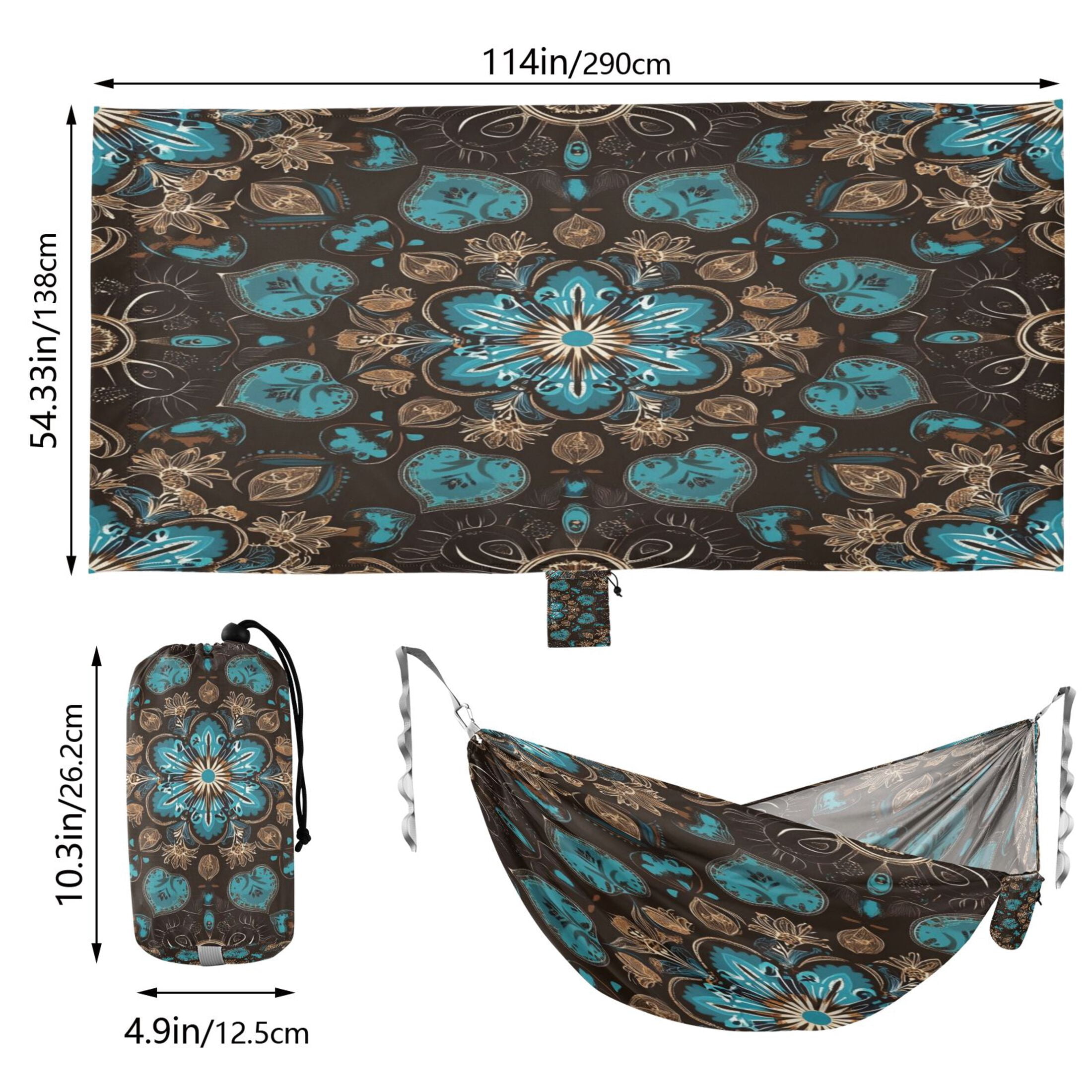 Wobogo Turquoise Mandalas Camping Hammocks 330 lb Capacity with Tree Straps and Hanging Pockets for Outside Hiking Beach Backpack Travel