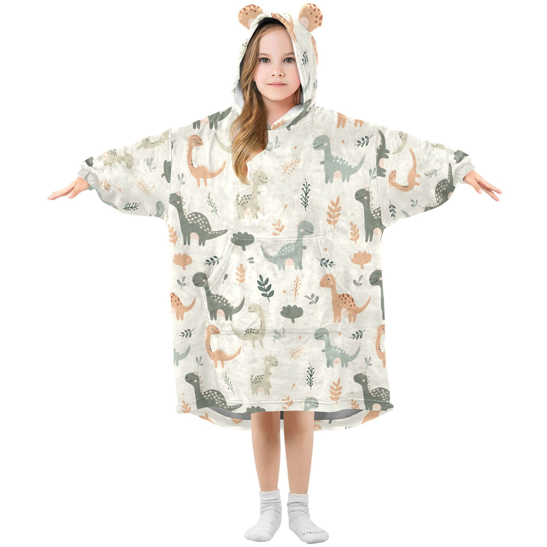 Dailycode Wearable Blanket Hoodie Oversized Sherpa Flannel Blankets with Pocket for 3-14 Year Old Cartoon Dinosaurs and Leaves