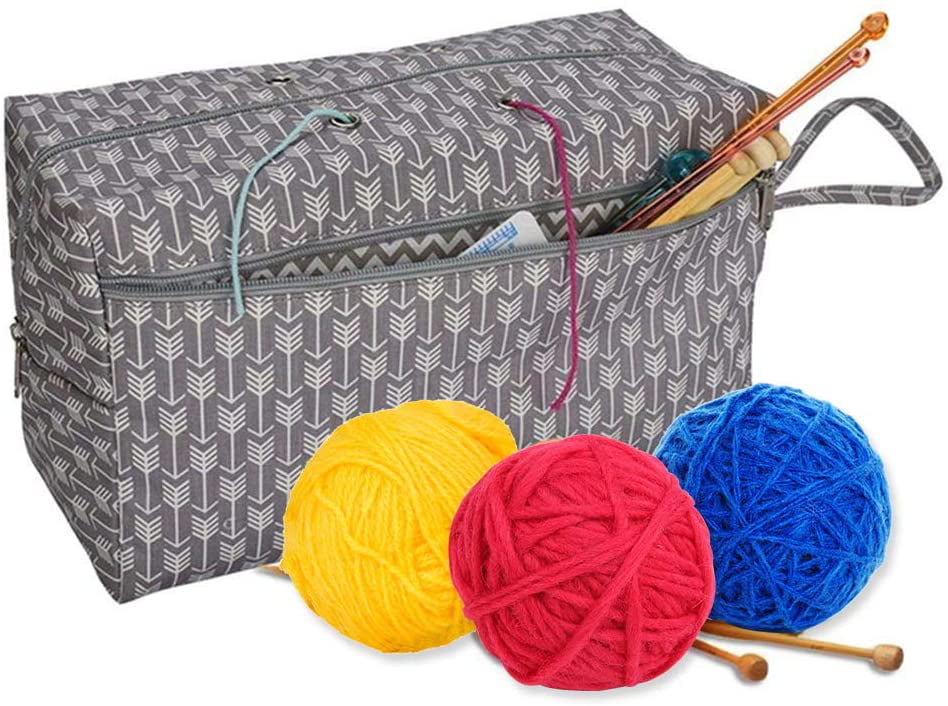 knitting bag Pockets crochet tote Messenger vinyl Stripes Yarn snag free Organizer Denim supplies Reduced Price