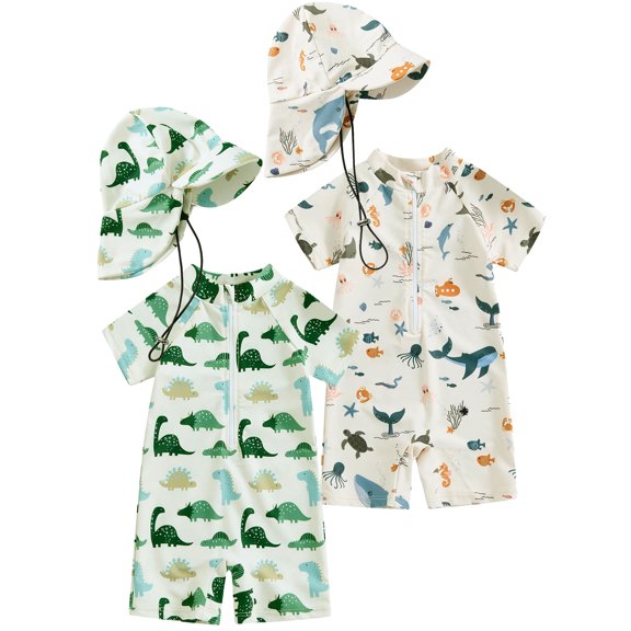 ATAIKU Baby Boys Swimsuit Dinosaurs Toddler One Piece Zipper Bathing Suit Short Sleeve Rash Guard Swimwear Sunsuit with Sun Hat