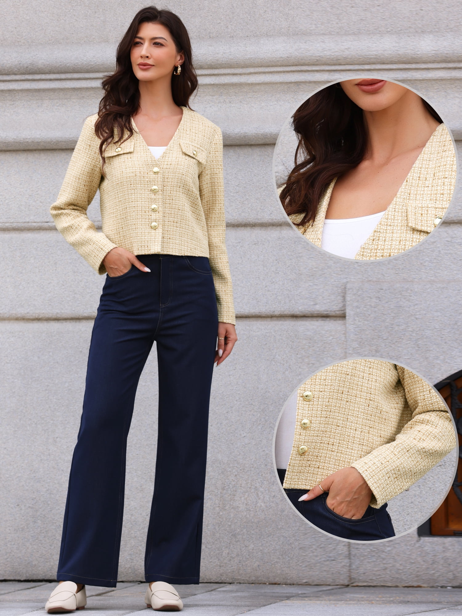 DARING DIVA Women's Tweed Long Sleeve Button Down Cropped Blazer L Apricot