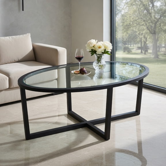Yardi Yard Glass Coffee Table Oval Living Room Table with Cross Base and Acacia Wood Legs-Black, Storage Coffee Table