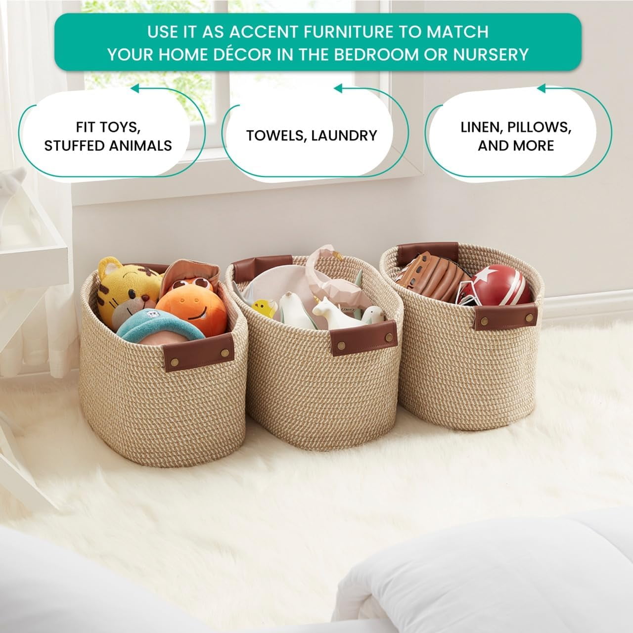 3 Pack Woven Cotton Rope Shelf Storage Basket with Leather Handles, Baby Nursery Storage Bin Organizers, Closet Shelf Storage - 15 x 10 x 9