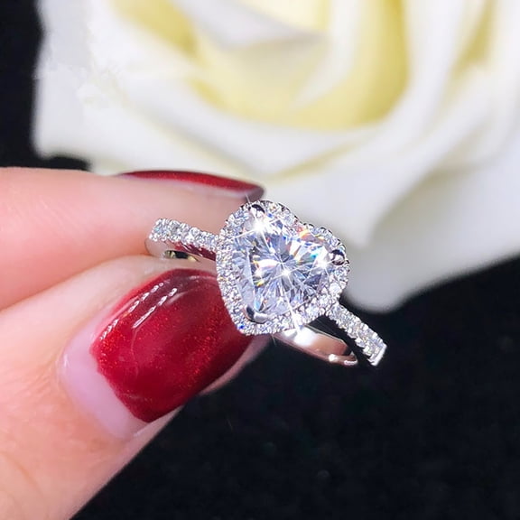 Z.LP Jewelry Heart - Shaped Cubic Zirconia Ring with Halo & Pave Band - Silver - Ring