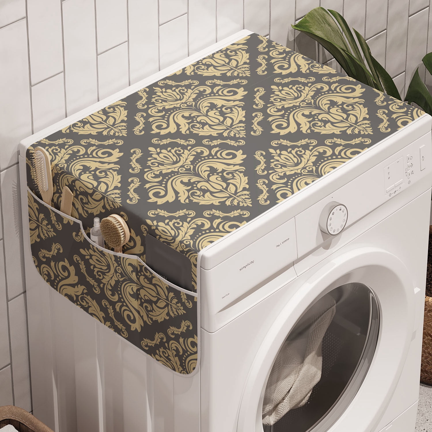 Washing Machine Case Damask Washing Machine Organizer, Vintage Classic Royal Curvy Leaves ...