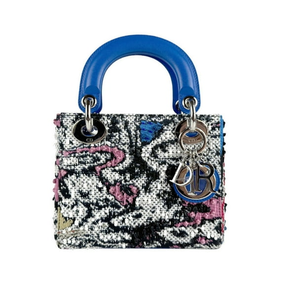 Pre-Owned Christian Dior handbag shoulder bag Lady tweed beads leather blue x black... (Good)