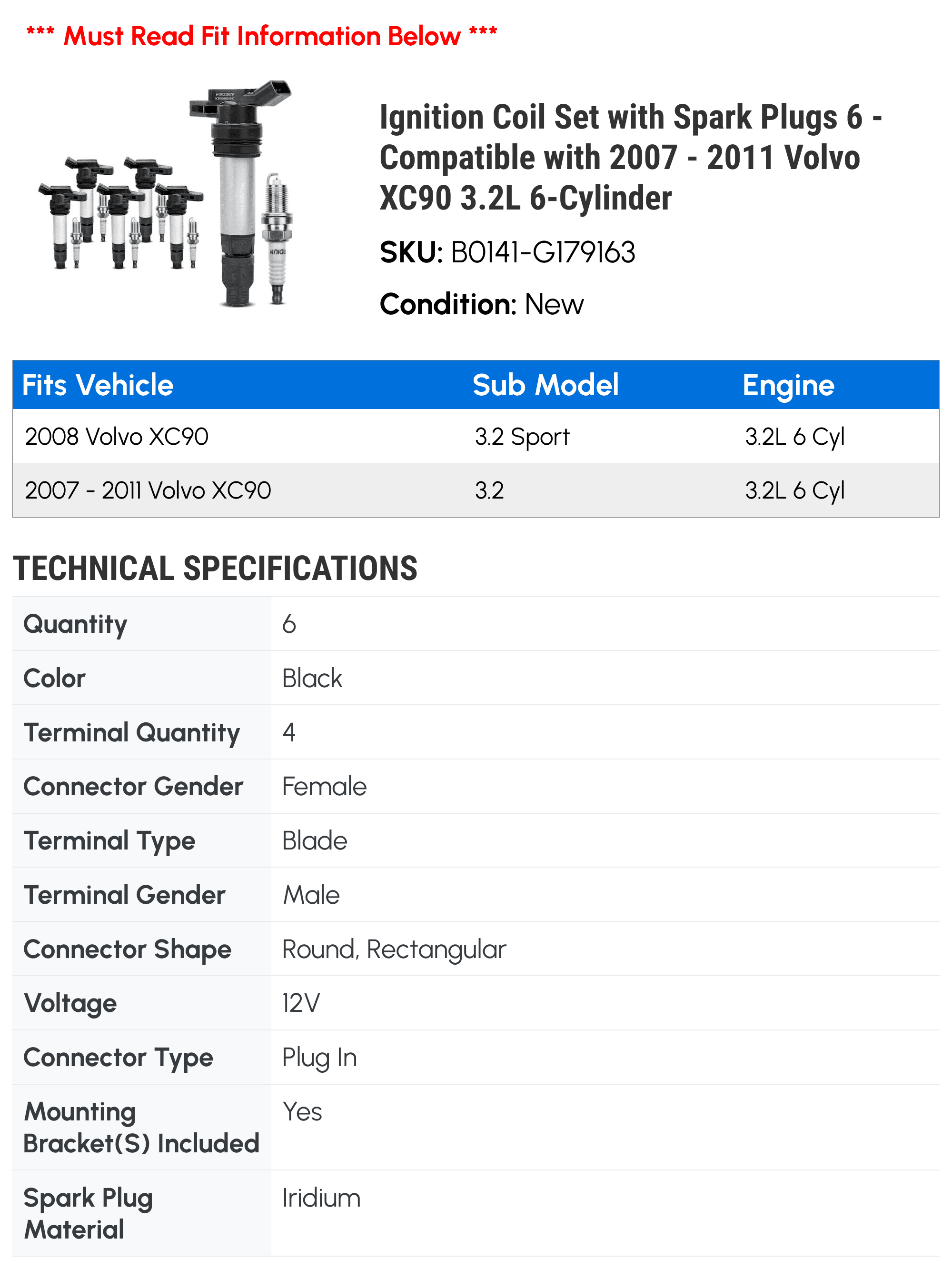 Ignition Coil Set with Spark Plugs 6 - Compatible with 2007 - 2011 Volvo XC90 3.2L 6-Cylinder - Autopart Premium
