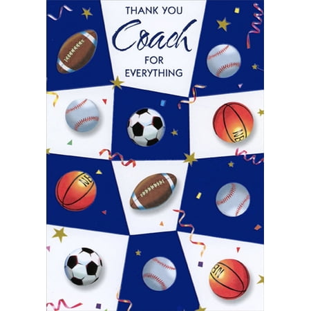Designer Greetings Football, Baseball, Soccer Ball, Basketball on Blue and White Shapes Coach Appreciation / Thank You Card