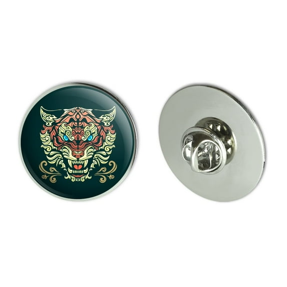 Fierce Snarling Tribal Tiger Oni Metal 1.1" Tie Tack Hat Lapel Pin Pinback