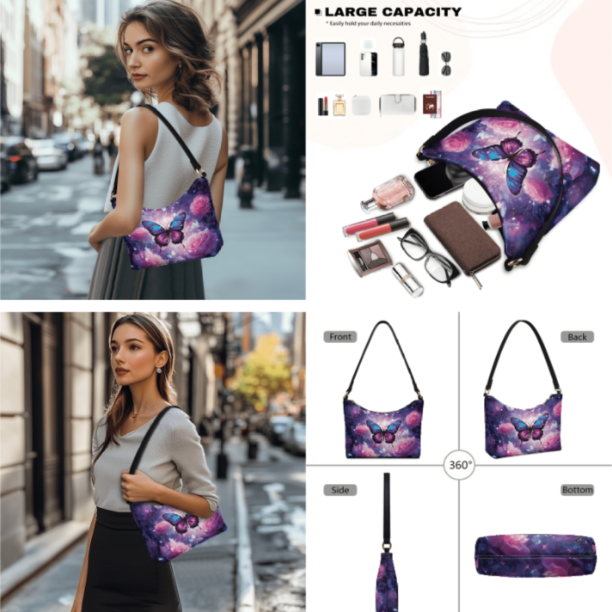 Tutolipy Butterfly Rose Pattern 3 Pcs Tote Handbag Set, with Sling Bag Satchel Purse Wristlet Purse, Compatible with Work Shopping