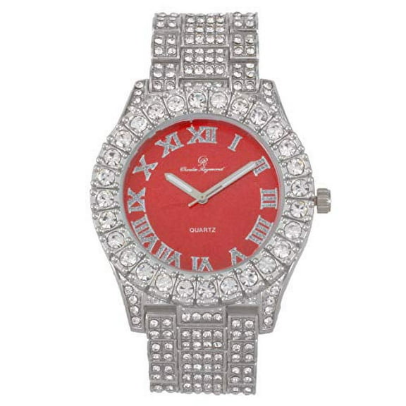 Mens Silver Big Rocks with Roman Numerals Fully Iced Out Colorful Dial Watch - ST10327 RN Single (Silver Bright Red)