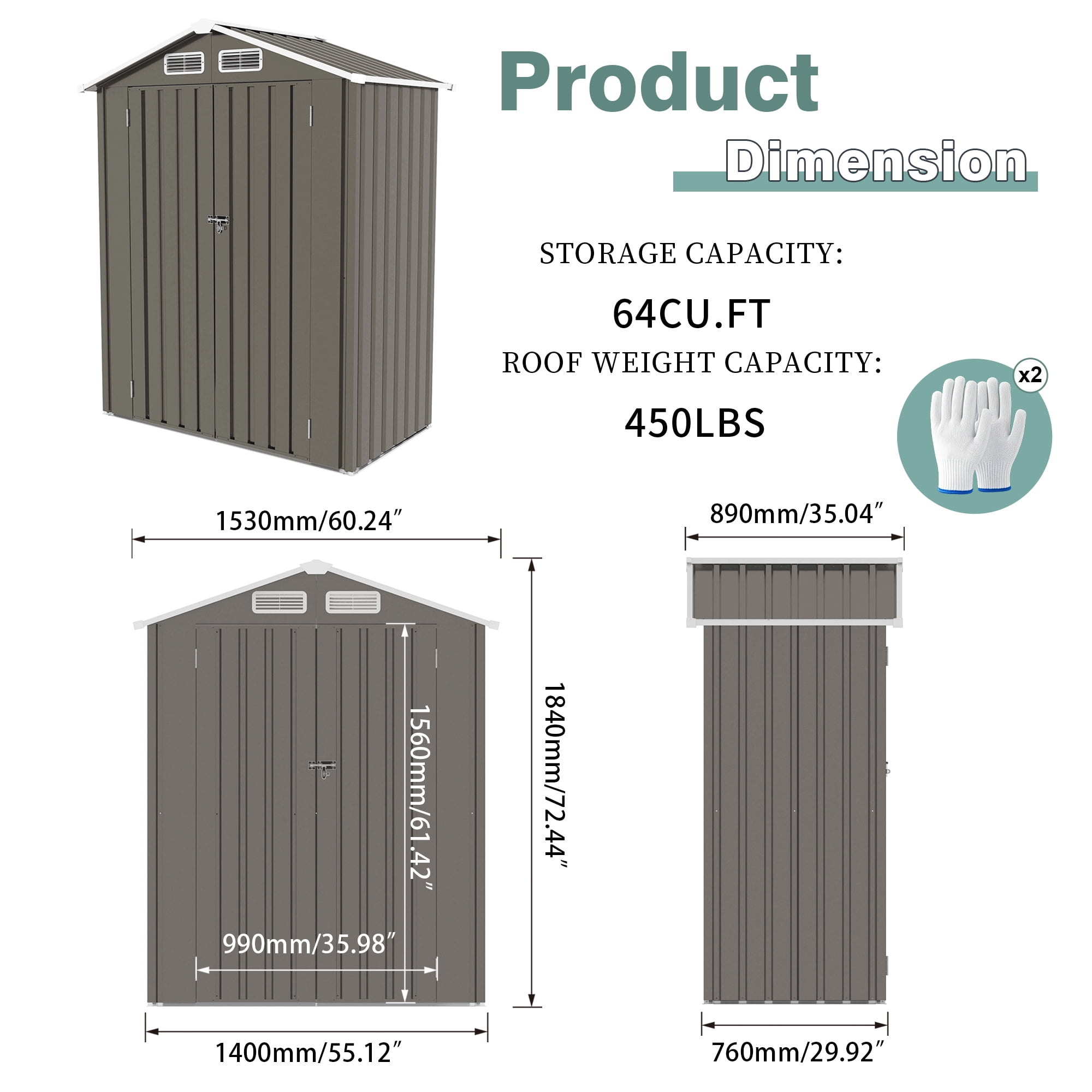 Vigo huseeo 5x3x6FT Metal Sheds & Outdoor Storage, Tool Shed for Patio Backyard Garden (Gray)