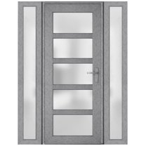 Front Exterior Prehung Metal-Plastic Door Frosted Glass / Manux 8002 Grey Ash / 2 Side Windows / Office Commercial and Residential Doors Entrance Patio Garage 60" x 80" Left-hand Inswing