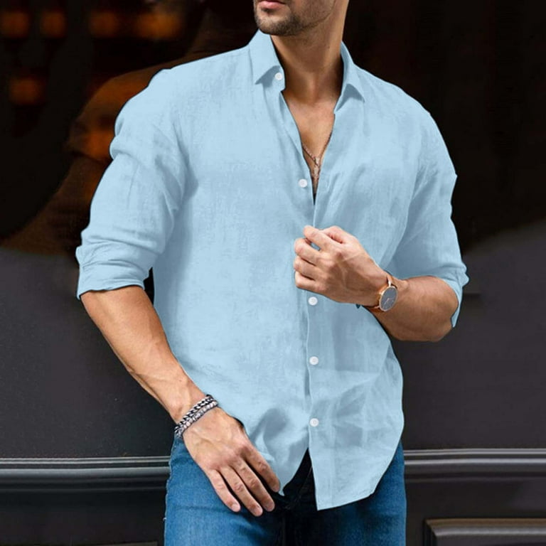 Mens Shirts Male Solid Casual Plus Size Loose Shirt Mens Turndown Collar  Long Sleeve Shirt Blue