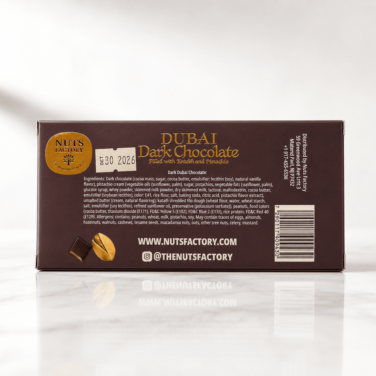Nuts Factory Dubai Style Dark Chocolate Bars with Pistachio Cream & Crispy Kataifi, Pack of 2 Large Bars – #1 Ranked Dubai Chocolate Bars in the World by CNBC
