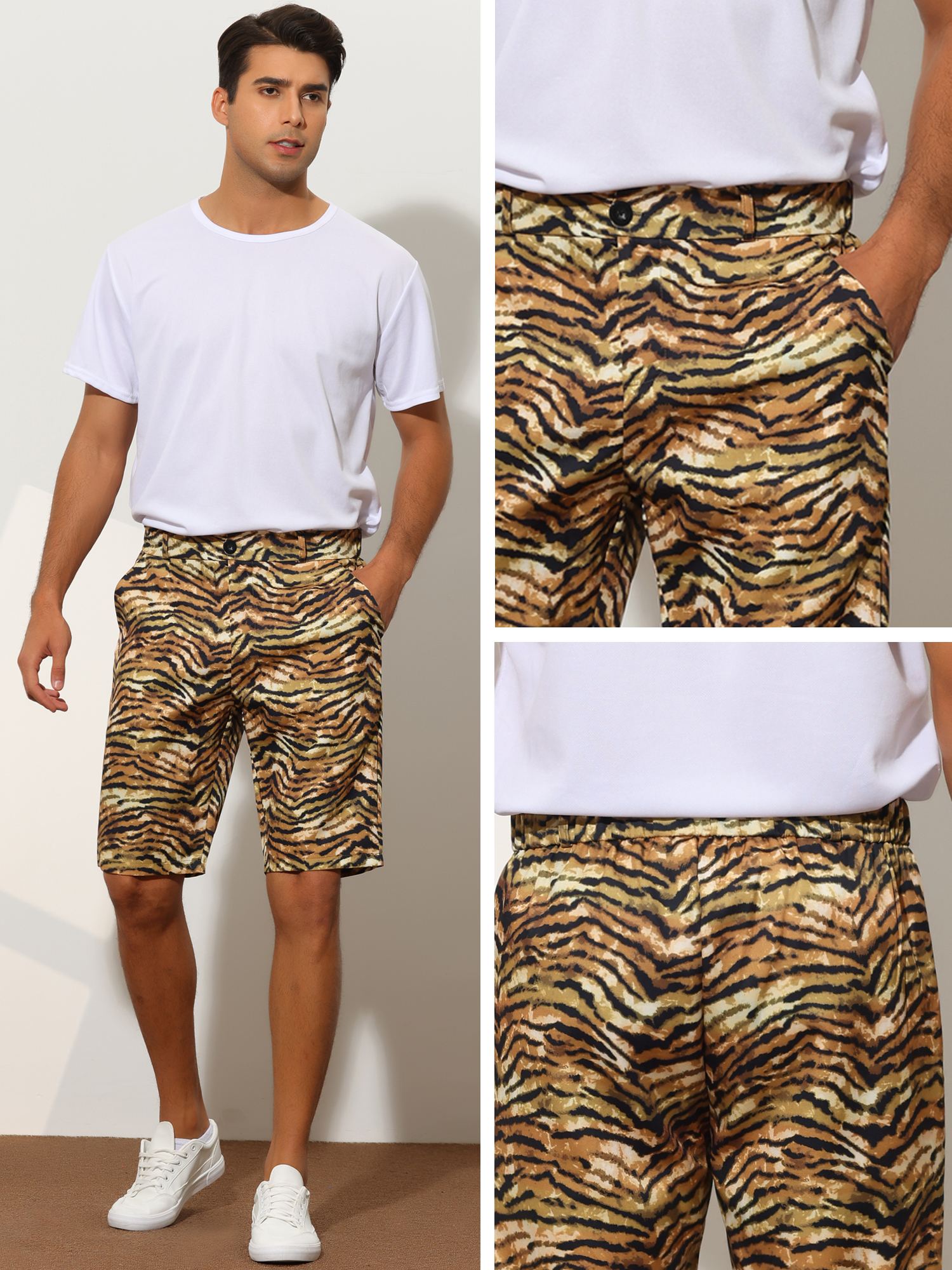 Unique Bargains Men's Animal Printed Shorts Regular Fit Summer Golf Shorts Pants 34 Tiger Print