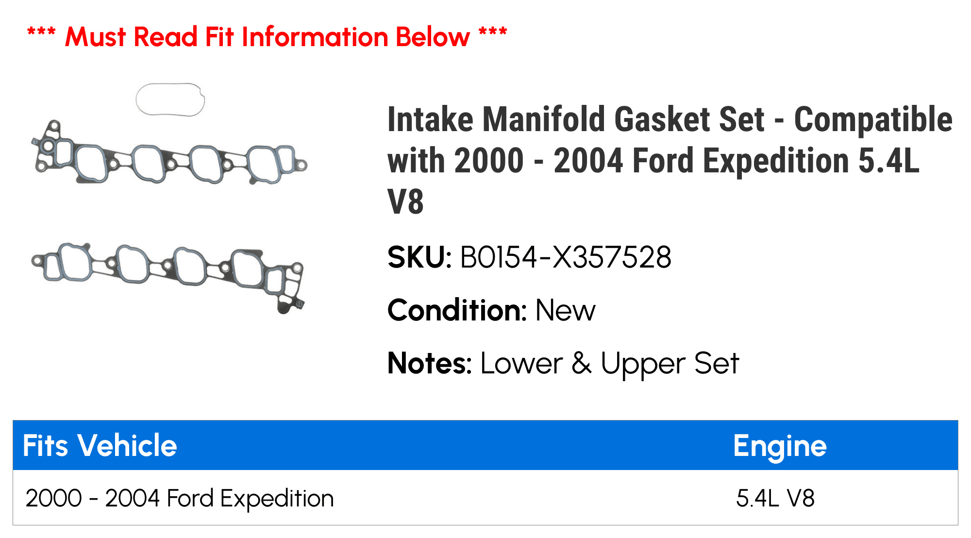 Intake Manifold Gasket Set - Compatible with 2000 - 2004 Ford Expedition 5.4L V8 2001 2002 2003