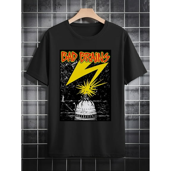Men'S "Bad Brains" Graphic T-Shirt - Black with Bold Yellow & Red Print, Round Neck, Short Sleeve, Machine Washable, Perfect Gift for Music Fans, Summer Casual Tee, Band T Shirts