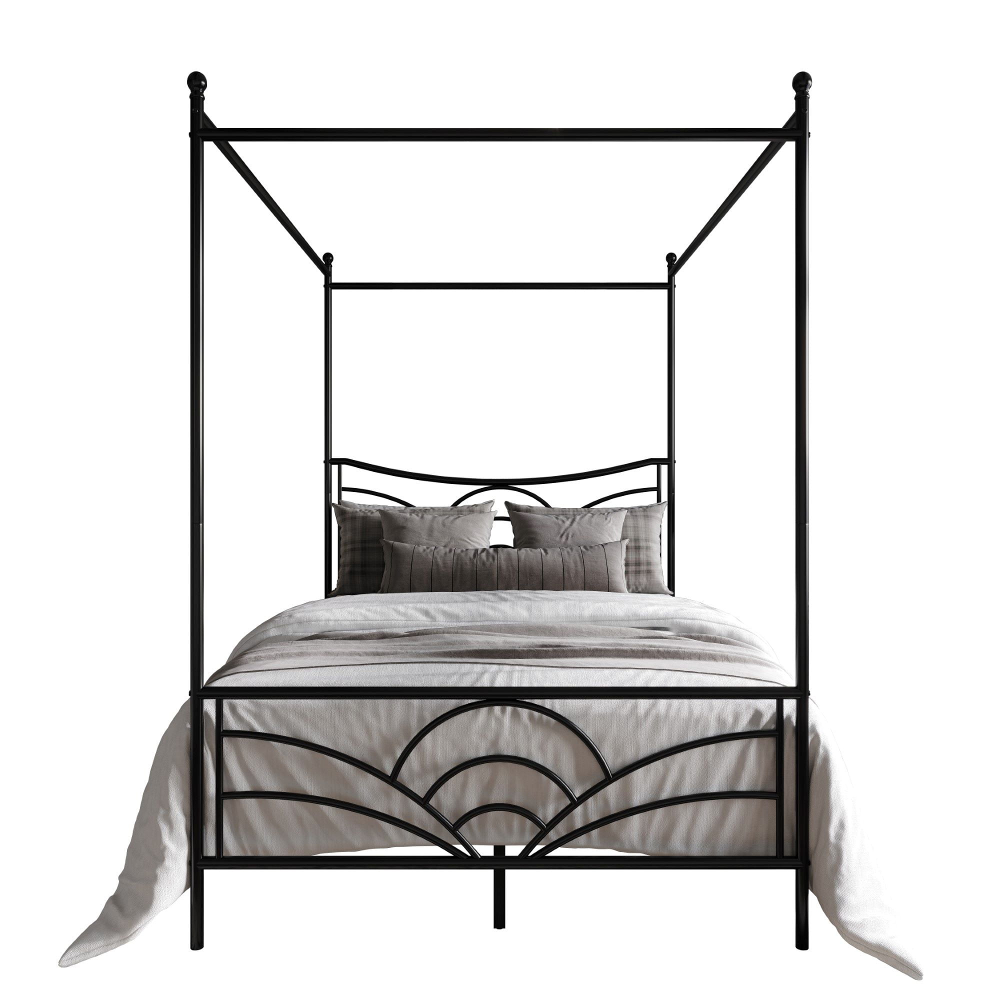 Home Design Denver King Metal Canopy Bed Frame with Arched Headboard and Central Support Leg, Black, Easy Assembly